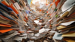A disorganized stack of papers and files, suggesting work or administrative tasks
