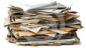 A disorganized stack of papers and files, suggesting work or administrative tasks