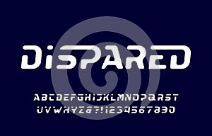 Dispared alphabet font. Futuristic oblique letters and numbers.