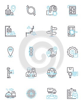 Dispatch services linear icons set. Efficiency, Promptness, Coordination, Priority, Logistics, Response, Reliability