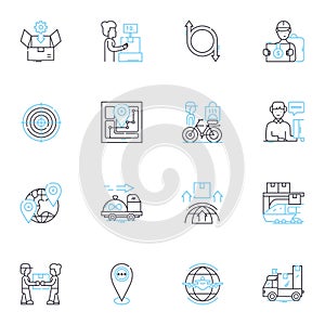 Dispatch services linear icons set. Efficiency, Promptness, Coordination, Priority, Logistics, Response, Reliability photo