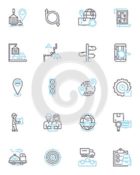 Dispatch services linear icons set. Efficiency, Promptness, Coordination, Priority, Logistics, Response, Reliability photo