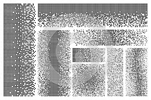 Dispersed elements. Disintegration, pixel dissolve squares effect. Pixelation shapes, dispersion fragments. Flat black