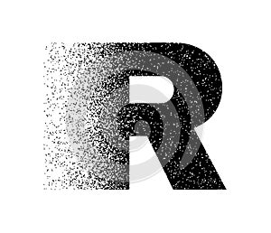 Dispersion exploding capital letter R in black color. Logotype dispersion letter capital R. Styled letter design for logo, label,