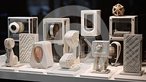 A display of 3D-printed prototypes featuring innovative designs for consumer electronics