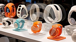 A display of 3D-printed prototypes featuring innovative designs for consumer electronics