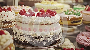 A display of assorted cakes and pastries in a bakery showcase
