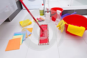 Display of assorted cleaning products on the floor