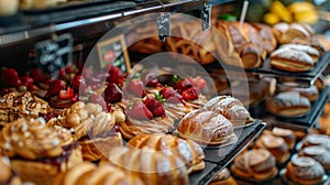 A display of a bakery with many different types of pastries, AI