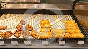 Display of a bakery there is a wide variety of baked goods to offer. Variety of baked products at a mall