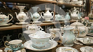 A display of beautifully handcrafted tea sets and tea accessories adding to the charm of the tea party