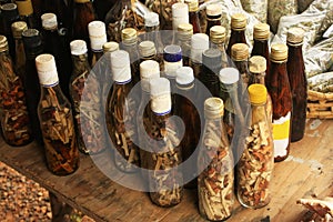 Display of bottles with in small village, Samana Peninsula, Dominican Republic