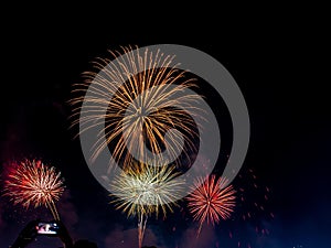 Display of bright colorful fireworks against the black sky background