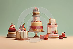 A display of cakes Vintage cakes and desserts of the 1960s - 70s AI generation