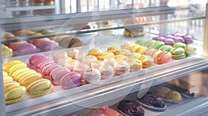 A display case filled with an assortment of brightly colored macarons and handdecorated sugar cookies photo