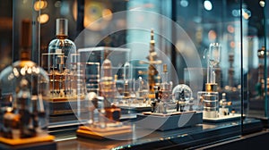 A display case filled with beautiful miniature models of different types of particle detectors each one a unique and photo