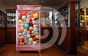 A display case filled with lots of balloons and stuffed animals in a toy store interior.