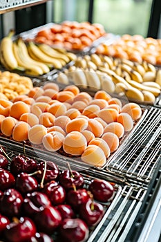 A display case filled with lots of different types of fruit photo