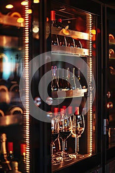 A display case filled with wine glasses and bottles