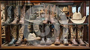 A display case showcases the final products beautifully crafted boots hats saddles and other cowboy gear