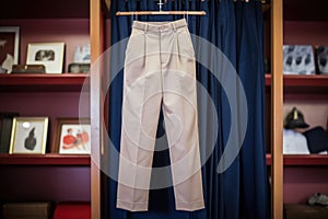 display of classic high-waisted trousers
