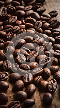 Display Close up of coffee beans on a wooden table surface