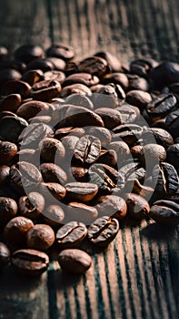 Display Close up of coffee beans on a wooden table surface