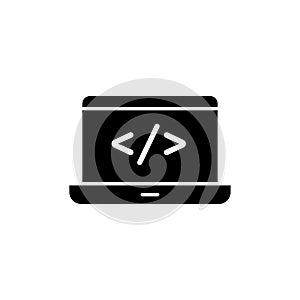 Display code icon set. computer software program script vector symbol. web html sign in black filled and outlined style