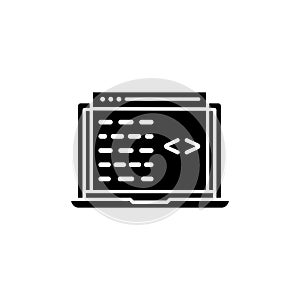 Display code icon set. computer software program script vector symbol. web html sign in black filled and outlined style