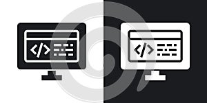 Display code icon set. computer software program script vector symbol. web html sign in black filled and outlined style