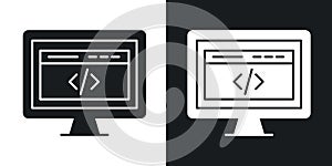 Display code icon set. computer software program script vector symbol. web html sign in black filled and outlined style