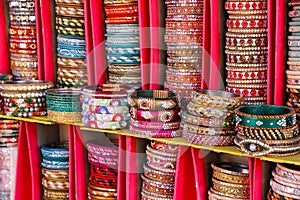 Display of colorful bangels inside City Palace in Jaipur, India