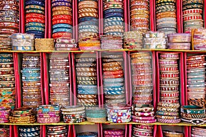 Display of colorful bangels inside City Palace in Jaipur, India