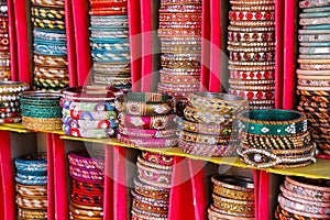 Display of colorful bangels inside City Palace in Jaipur, India