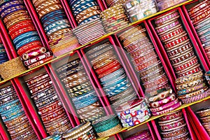 Display of colorful bangels inside City Palace in Jaipur, India