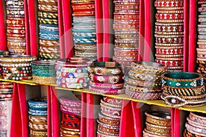 Display of colorful bangels inside City Palace in Jaipur, India photo