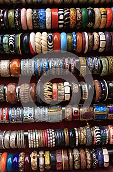 Display of colorful bracelets at a souvenir shop in Jaisalmer fo