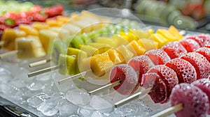 A display of colorful fruit kabobs on sticks meant to be added to glasses of ice water for a flavorful and healthy photo