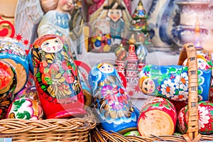 Display of colorful matryoshkas (russian dolls) in Russia