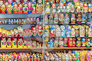 Display of colorful russian dolls (matryoshkas)