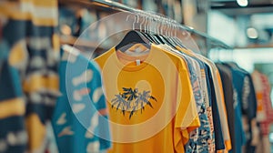 A display of colorful t-shirts hanging on a rack in a retail space