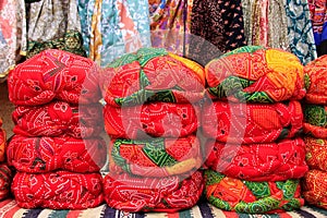 Display of colorful turbans at a souvenir shop in Jaisalmer fort