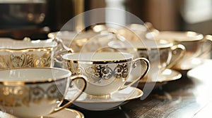 A display of delicate porcelain teacups adorned with elegant engraved designs in gold and silver.