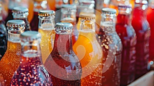 A display of different types of handmade sodas ranging from bright red strawberry to deep purple elderberry photo