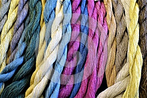 Display dyed hand-spun linen skeins. Spinning. Weaving. Fiber. Yarn. knitting. photo