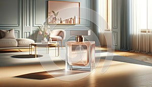 Display an elegant perfume bottle in a sleek modern interior with soft pastel tones