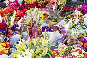 Display of flower arrangements at the market