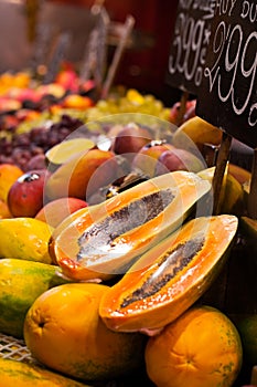 Display of fresh fruit on market stall in La Boqueria covered market. Barcelona. Catalonia. Spain Display of fresh fruit on market