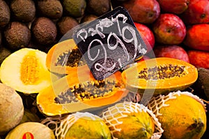 Display of fresh fruit on market stall in La Boqueria covered market. Barcelona. Catalonia. Spain Display of fresh fruit on market