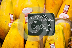 Display of fresh fruit on market stall in La Boqueria covered market. Barcelona. Catalonia. Spain Display of fresh fruit on market